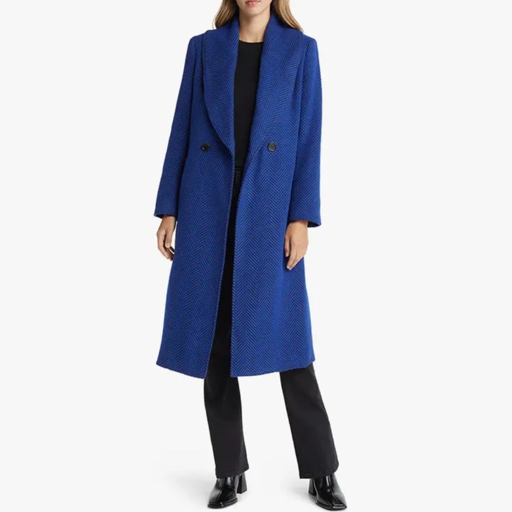 NWT Halogen Chevron Patterned Blue Wool Blend Long Topcoat Jacket size XSmall